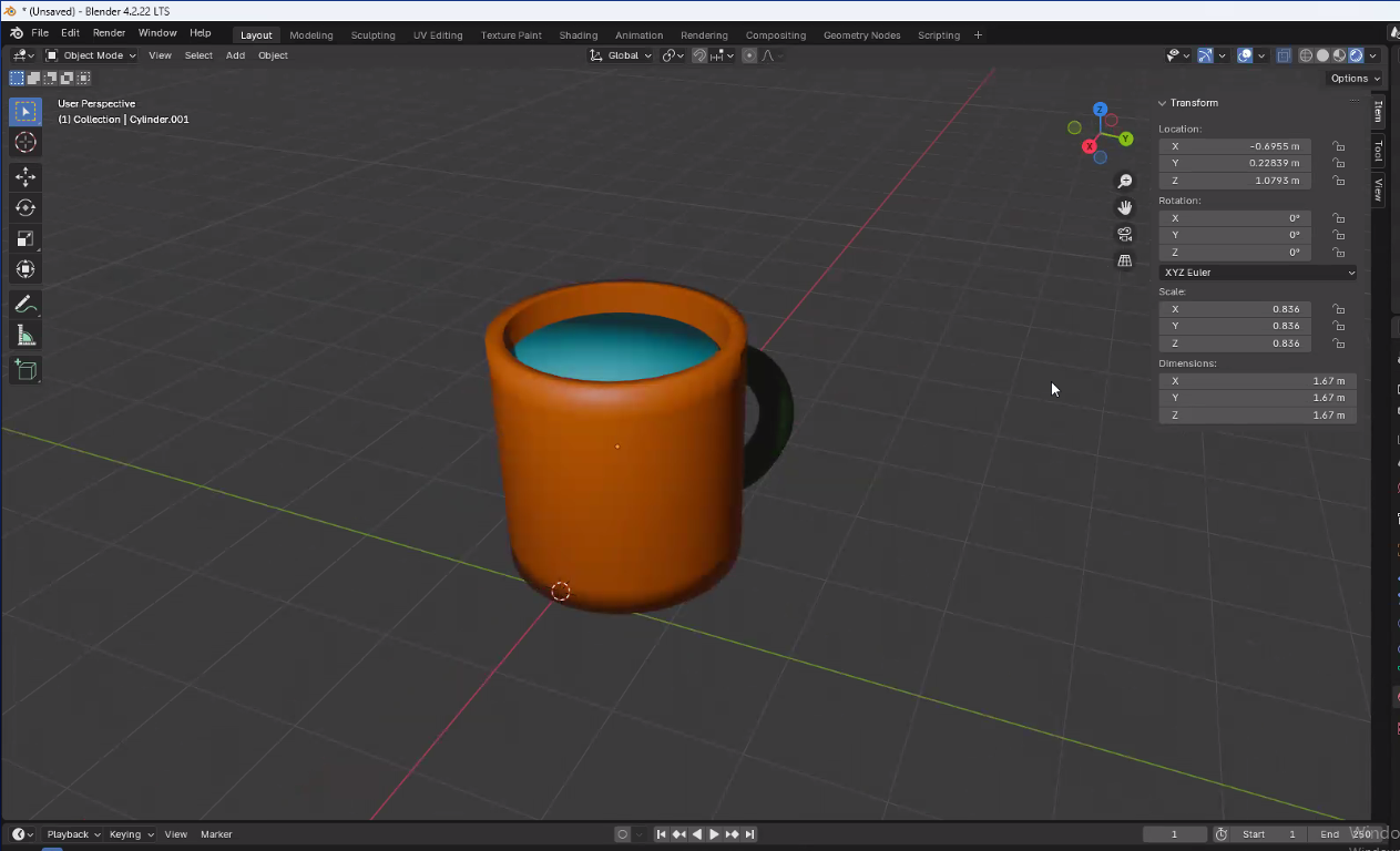 Öğrencinin Blender'da modellediği fincan