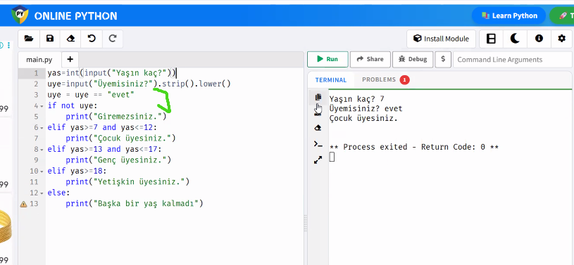 Öğrencinin yazdığı Python yaş üyelik kontrol kodu